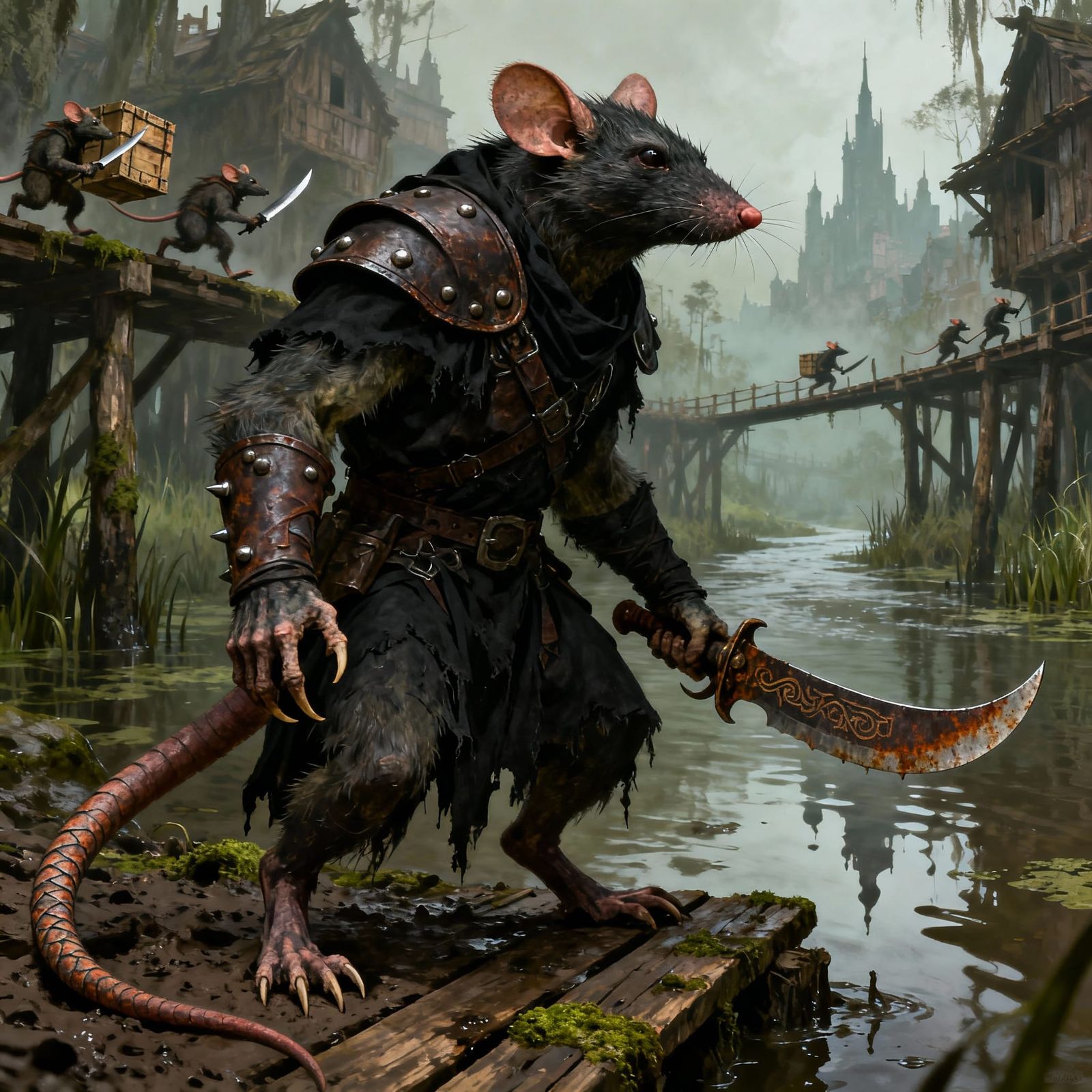 Rat Creature Warrior in Swamp City, Fantasy Art