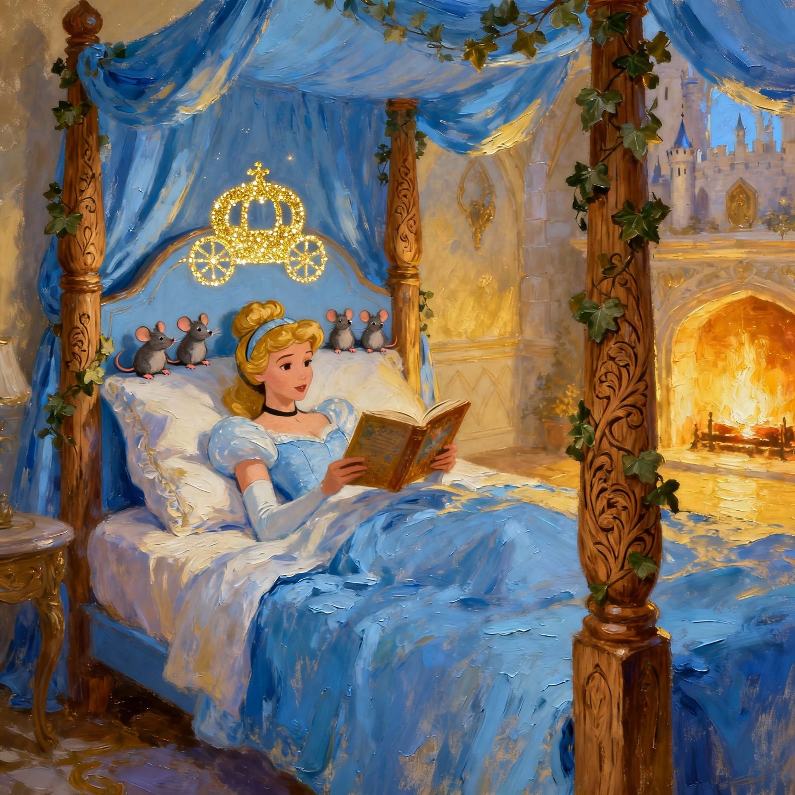 Cinderella Reads to Mice in Castle Bed, Impasto Style