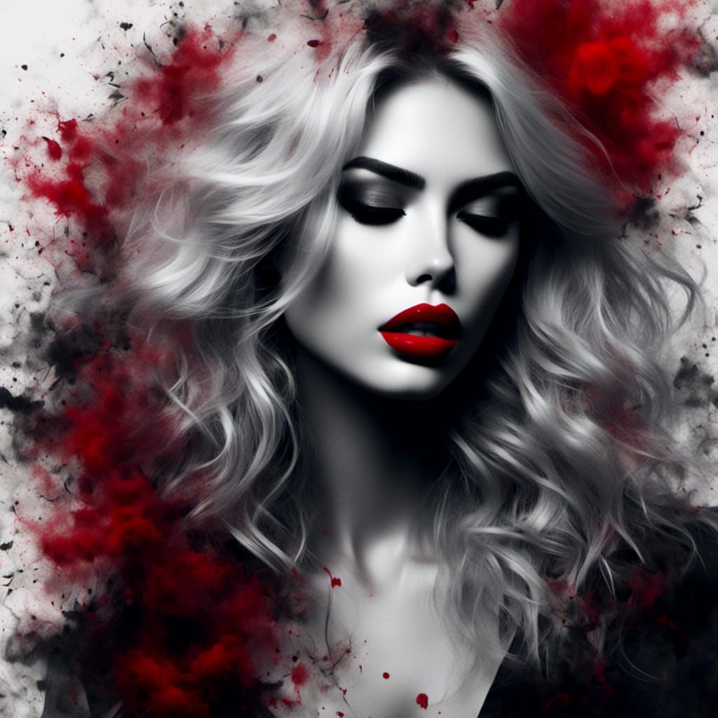 Monochrome Portrait with Red Lips in Dark Art Style
