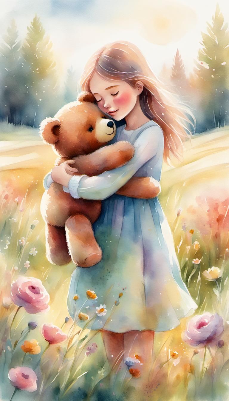 Girl Hugging Teddy Bear in Sunlit Meadow