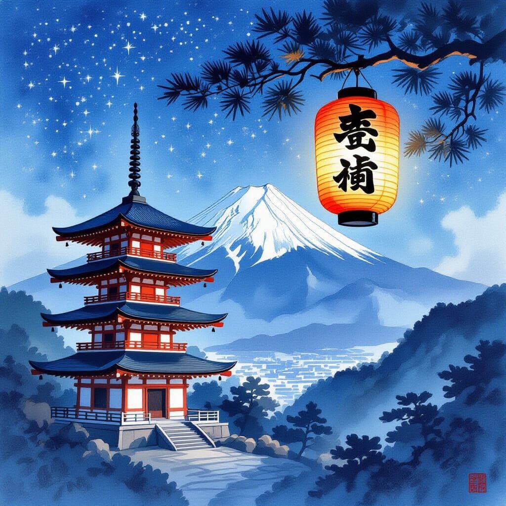 Serene Japanese Temple Under Starry Night with Mount Fuji