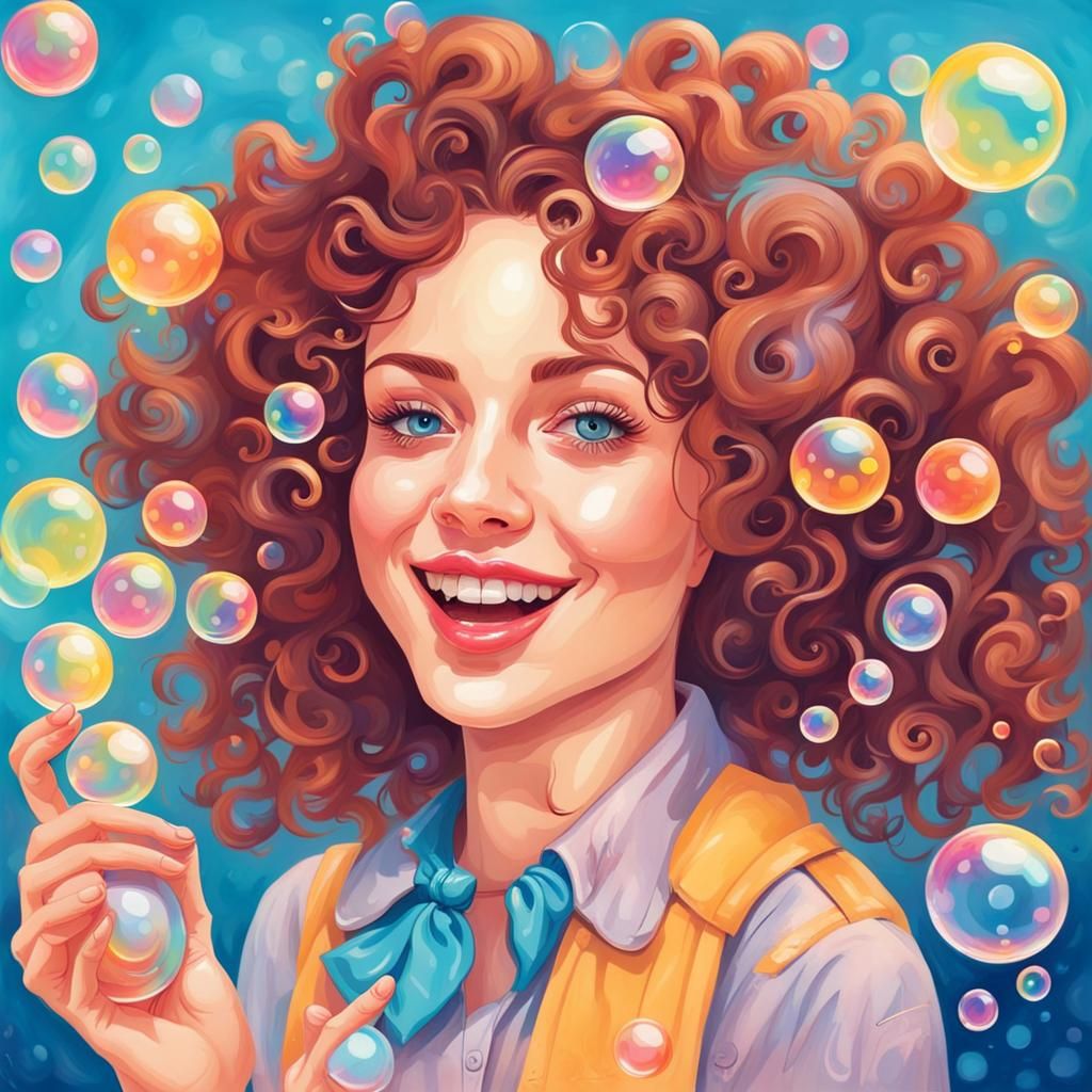 Woman Playing Soap Bubbles in Gouache Style