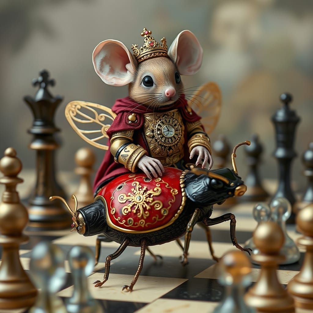 Clockwork Mouse Rides Ladybug Through Chess Battlefield