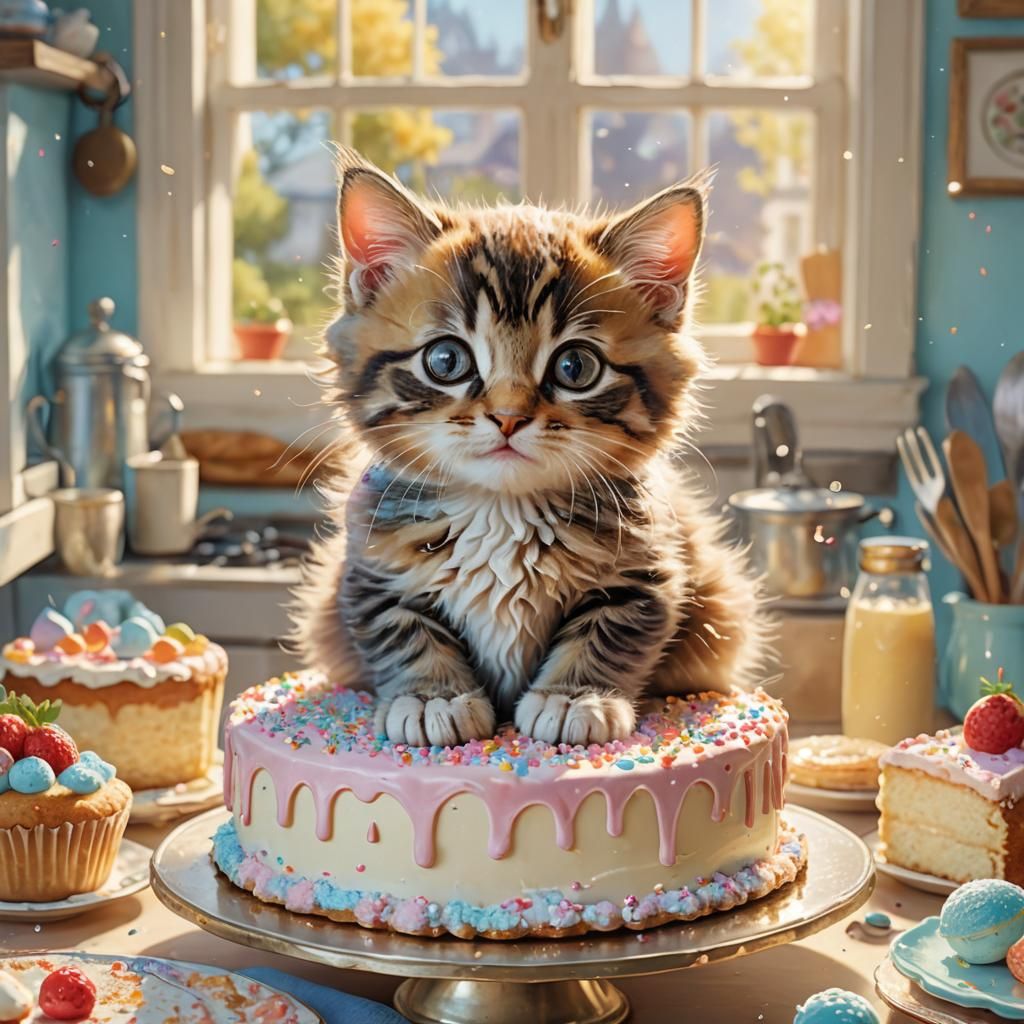 Kitten on Cake: Whimsical Digital Art