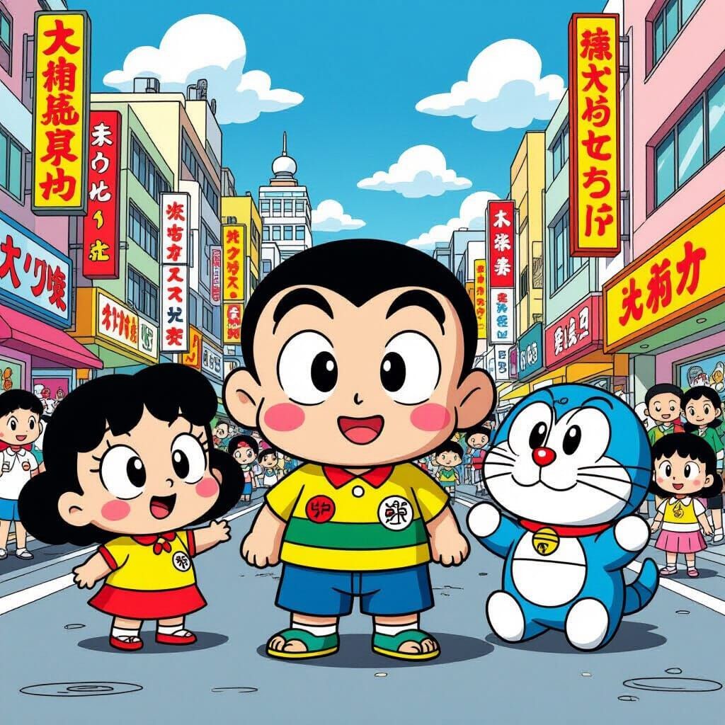 Shinchan and Friends in a Vibrant Cityscape