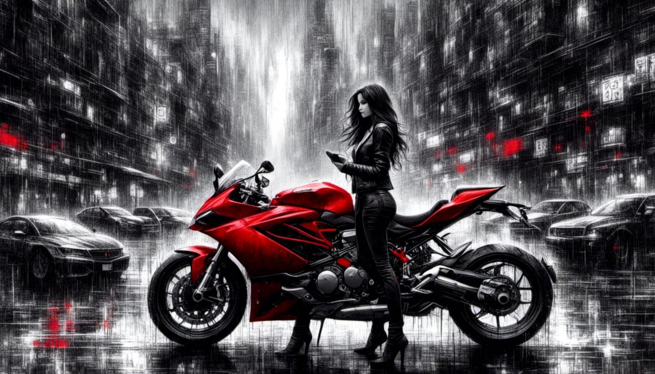 Red Ducati Motorcycle in Noir Selective Color Art