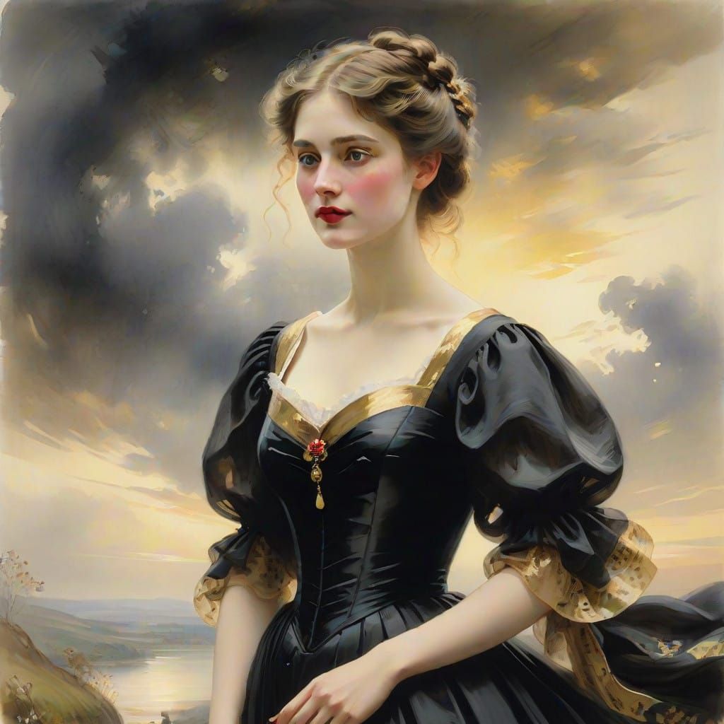 Ethereal Young Woman in a Golden Lined Black Gown
