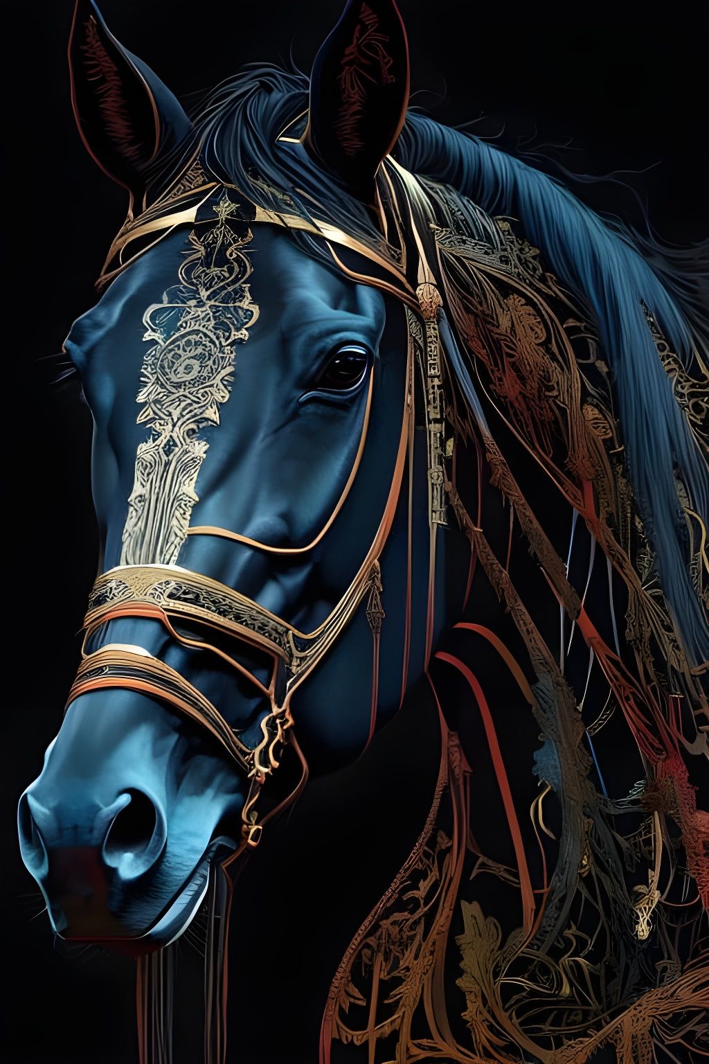 Intricate Portrait of Black Horse with Golden Outlines