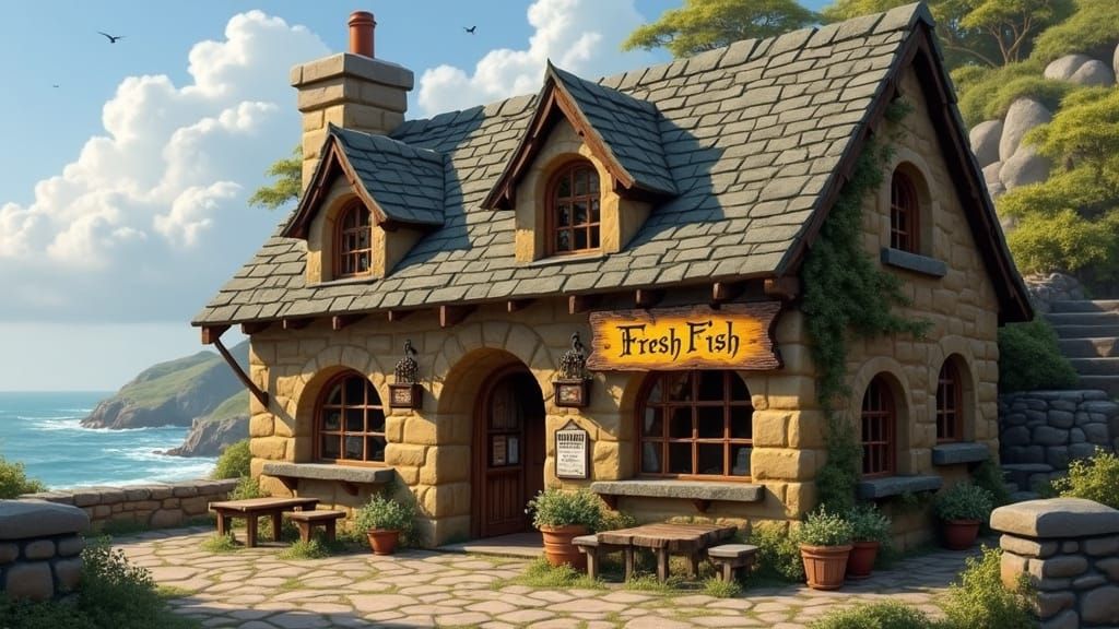Whimsical Seaside Village Shop in Fantasy Style