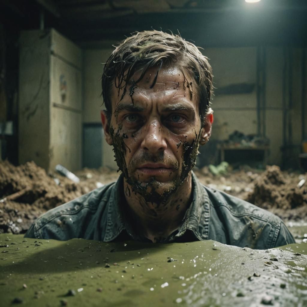 Grime-Covered Face in Cinematic Film Still