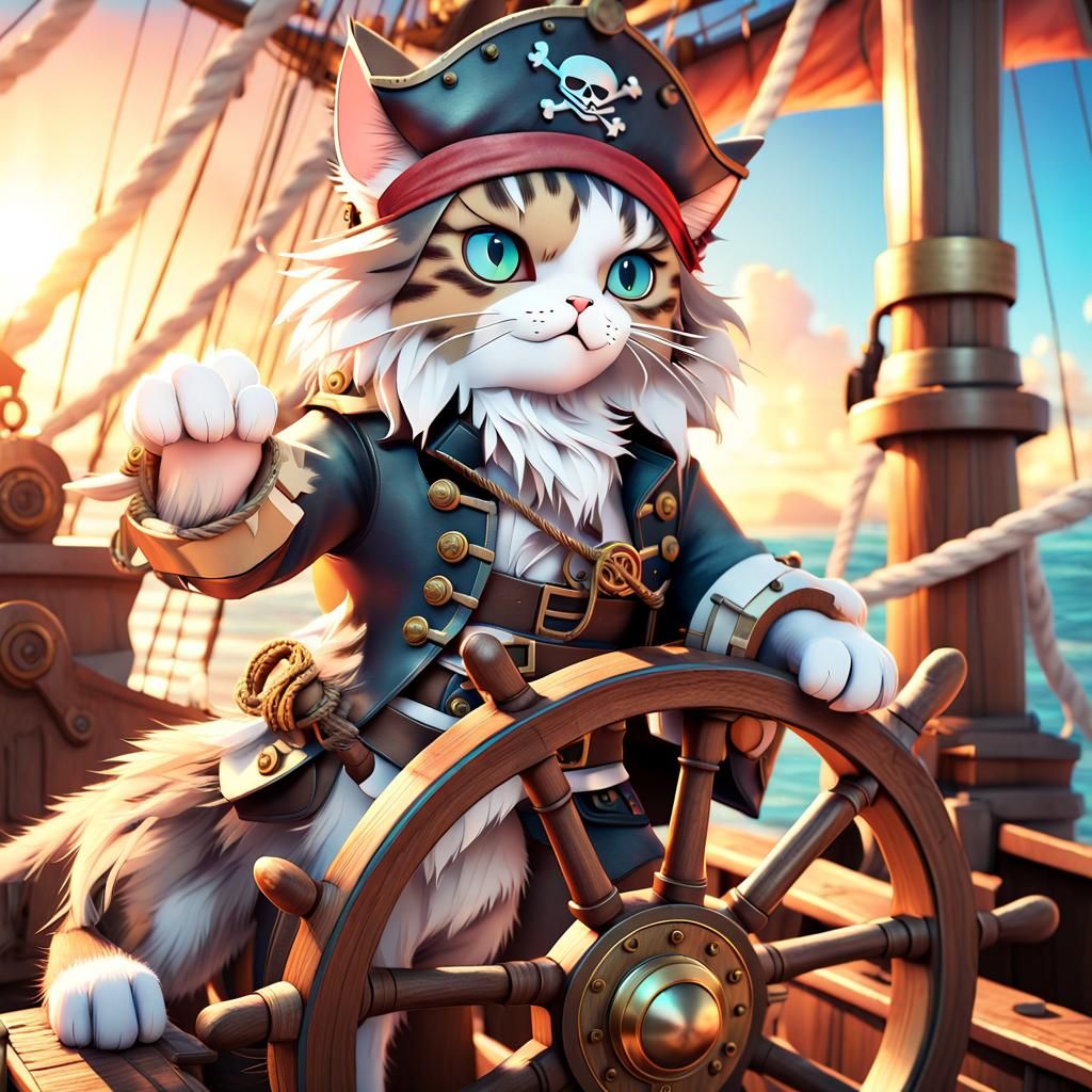 Anime-Style Pirate Cat Steers Vintage Brig