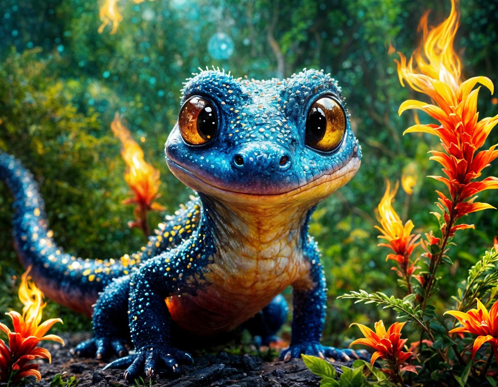 Adorable Fire Salamander in Jungle, Pixar Style