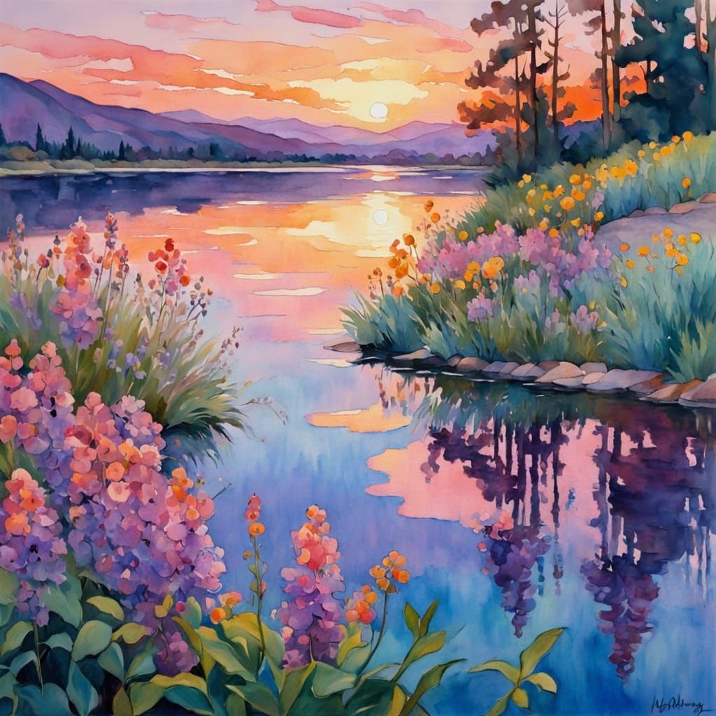 Serene Lake Sunset Reflection with Wildflowers
