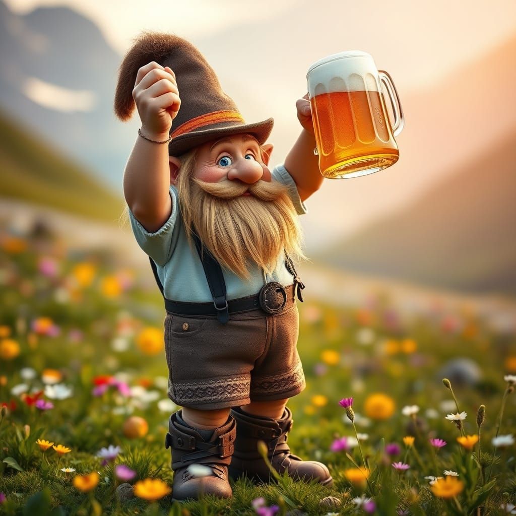 Bavarian Troll with Beer in Alpine Meadow