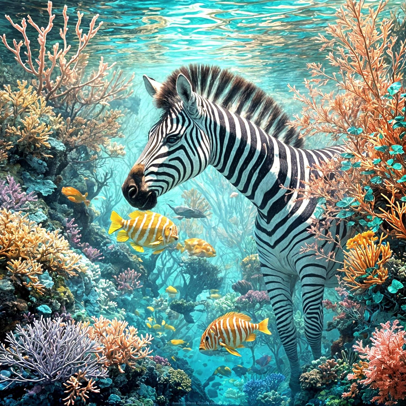 Zebra Camouflaged in Coral Reef: An Impressionistic Painting