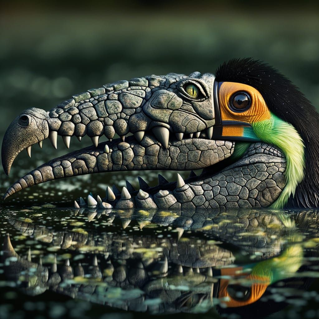 Toucan Crocodile Hybrid Lurking in Swamp Water