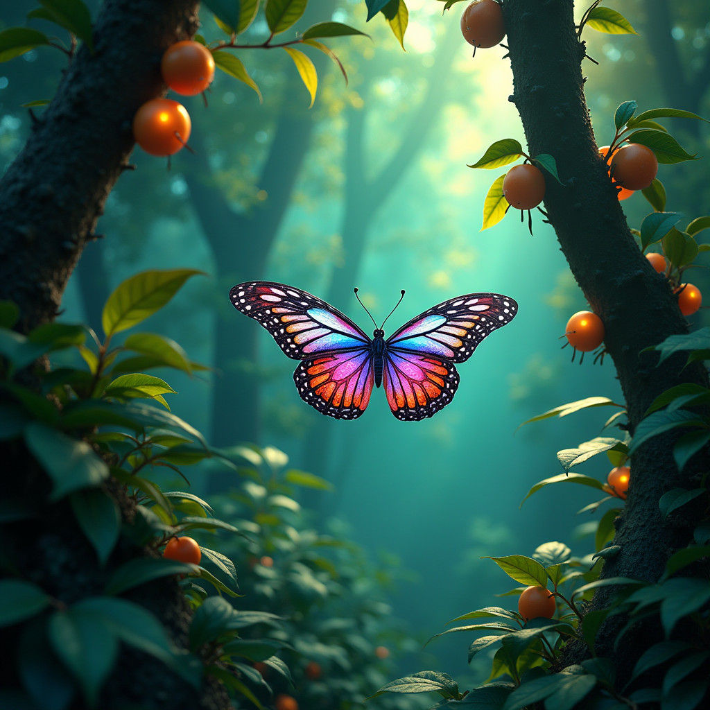 Iridescent Butterfly Soaring Through Exotic Fruit Trees