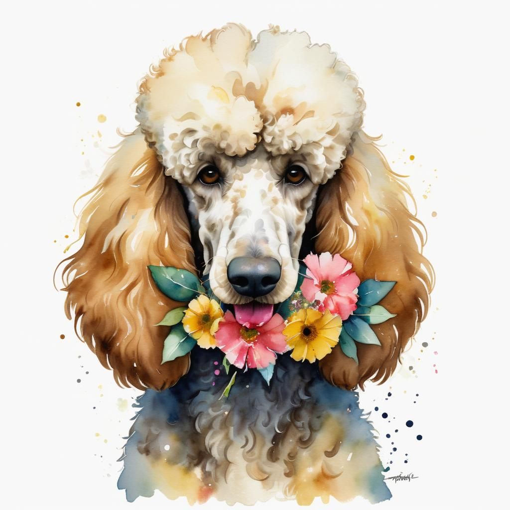 Poodle with Flower Bouquet in Watercolor Style
