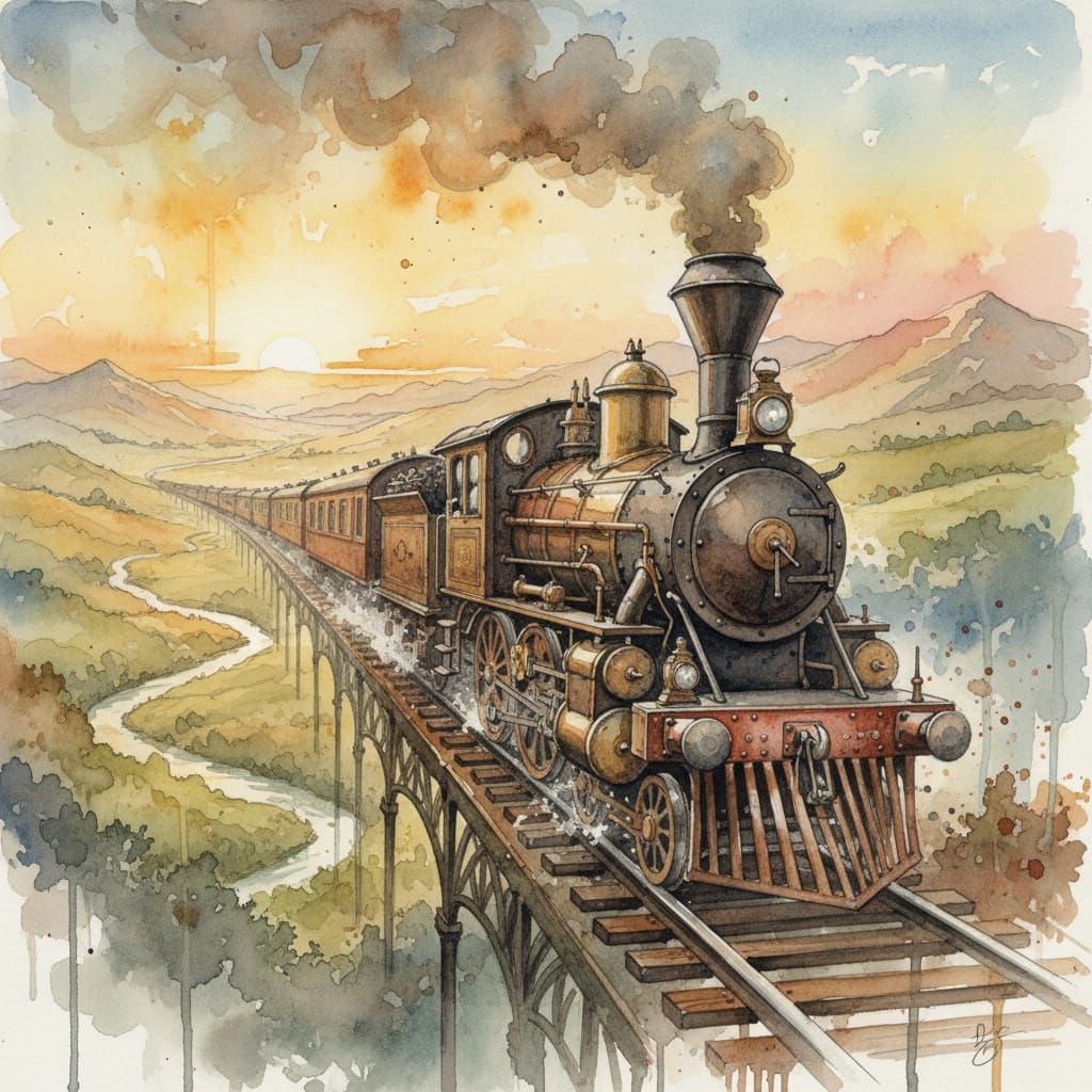 Steampunk Train in Watercolor, Golden Hour
