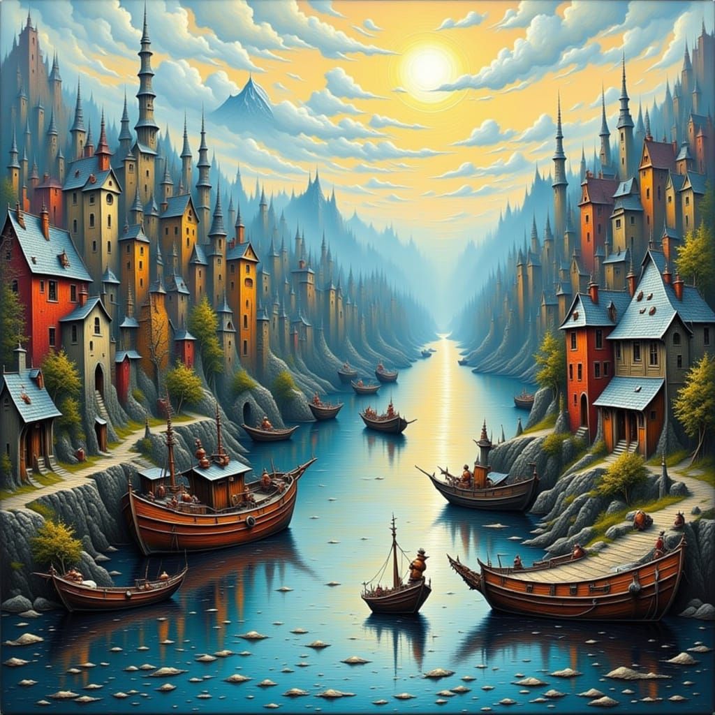 Picturesque Harbor Town as Digital Art