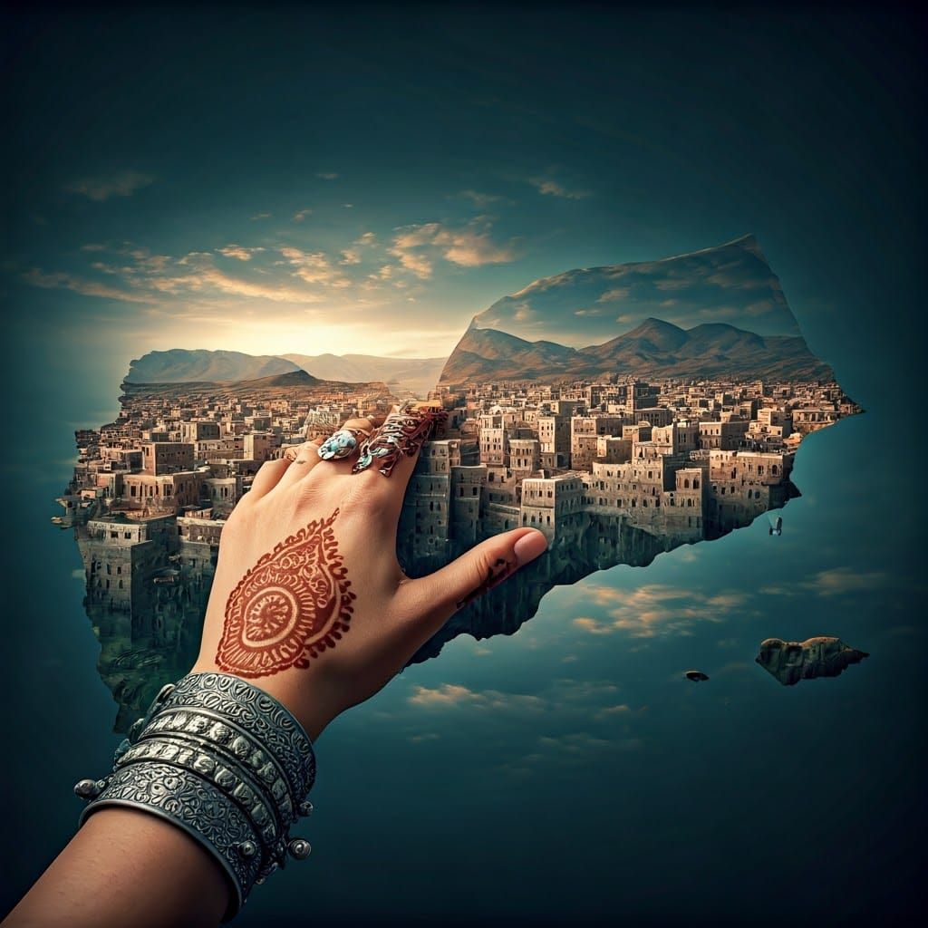 Surreal Cityscape of Sana'a, Yemen, in Futuristic Style