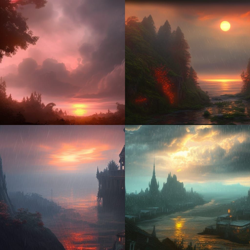 Sunset and Rain Sky: Detailed Fantasy Painting