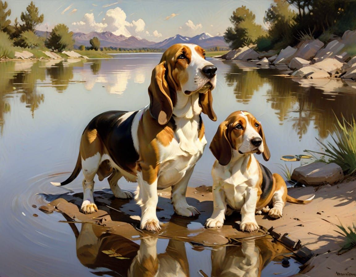 Basset Hounds by a Lake in Textured Sepia Tones