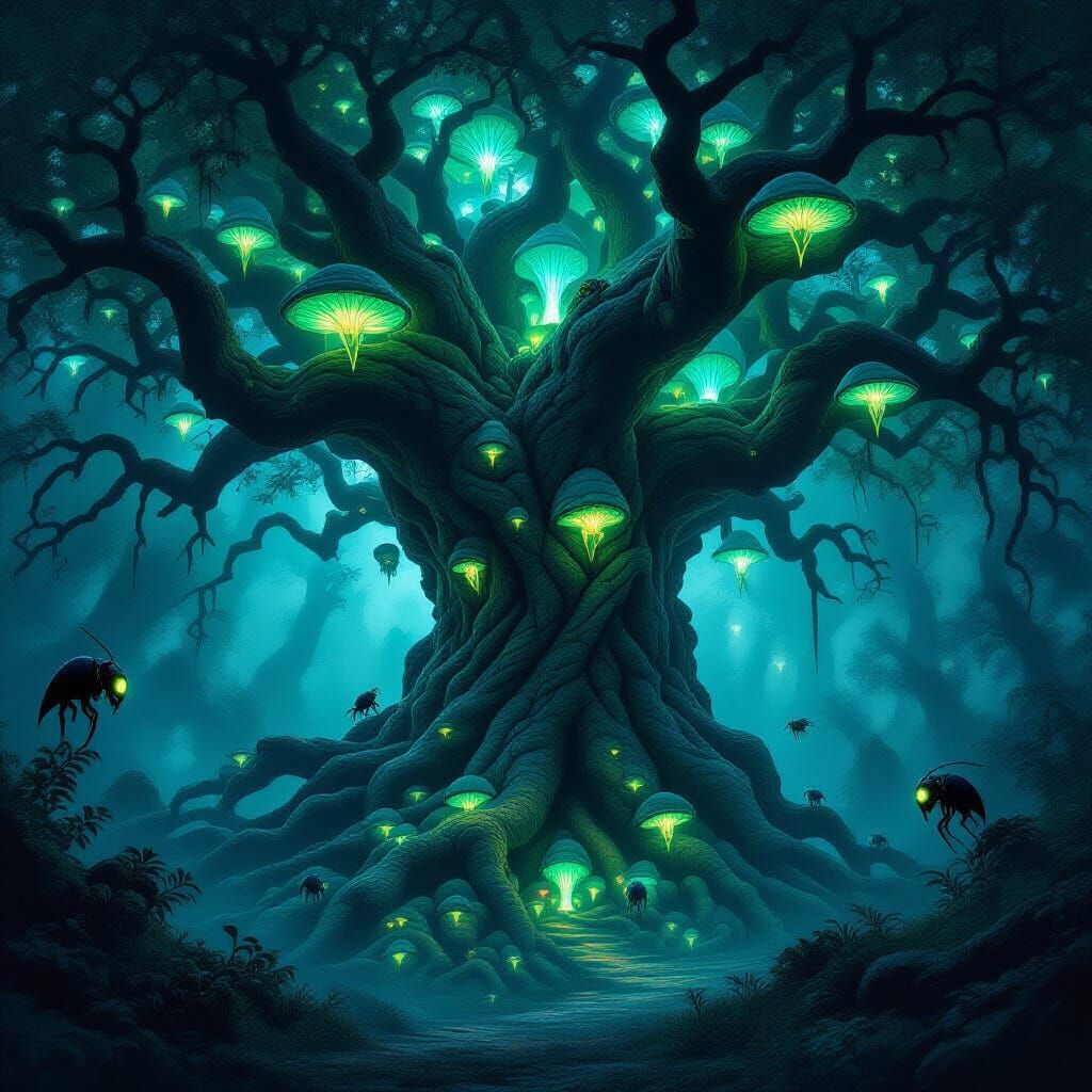 Ancient Bioluminescent Tree in Dark Fantasy Forest