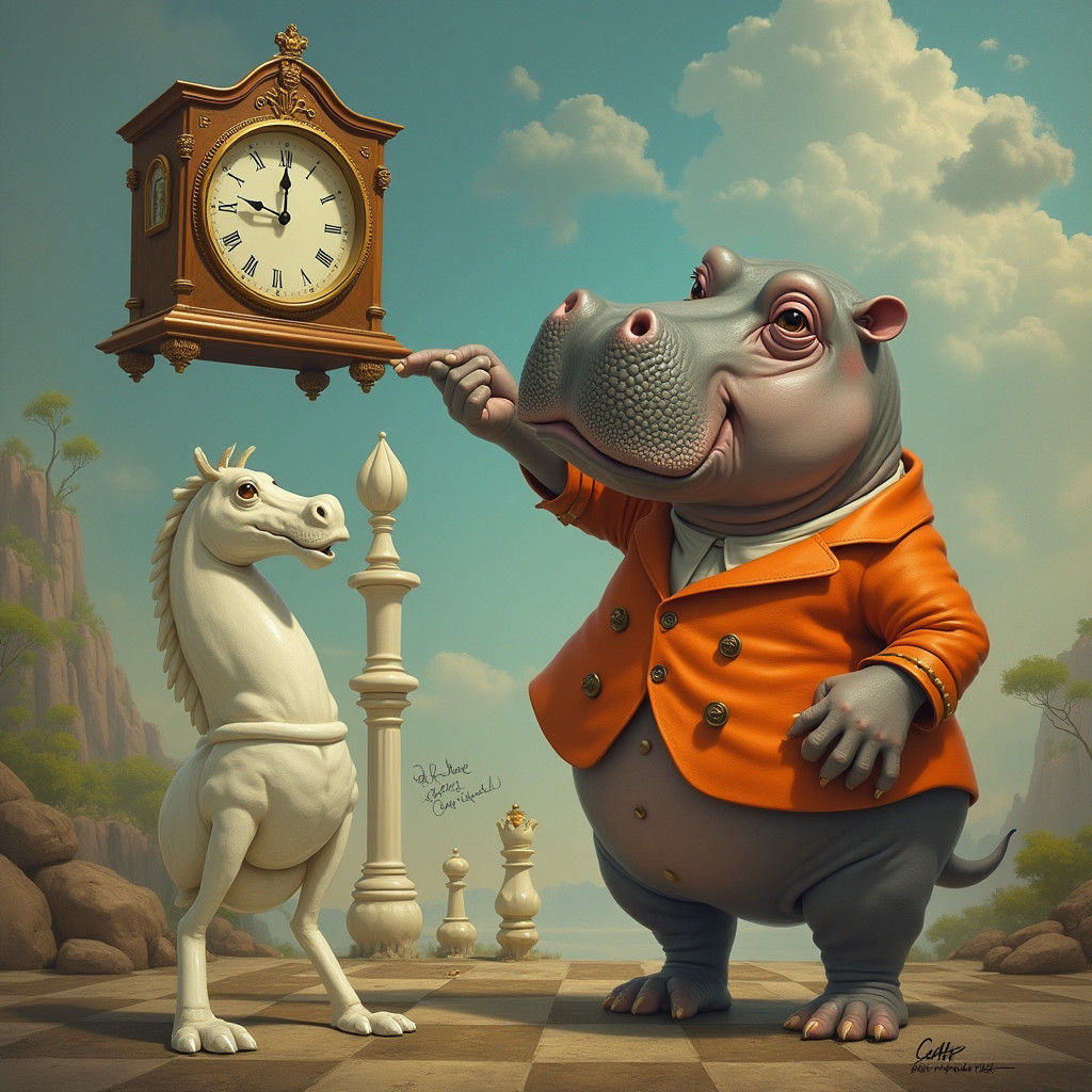 Whimsical Hippopotamus Plays Chess in a Fantastical Landscap...