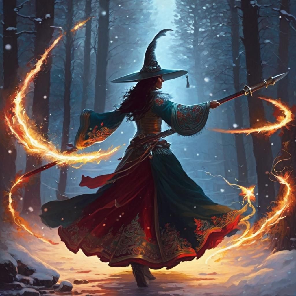 Ethereal Witch Dances with Shadow in Forest, Fantasy Art