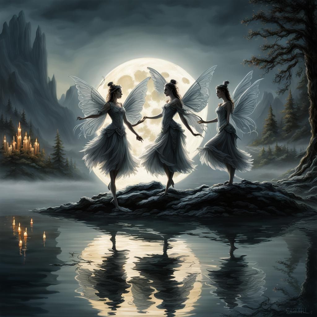 Fairies Dancing on Mountain Lake in Moonlight