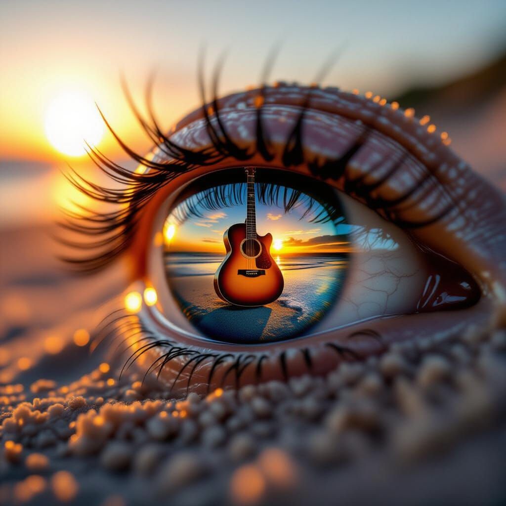 Eye Reflection: Guitar on Beach at Sunset