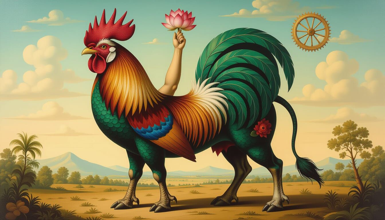Surreal Dalí-esque Creature: Rooster, Peacock, Bull, Elephan...