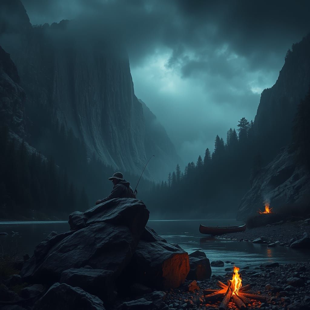 Fisherman in Rocky Valley, Atmospheric Lighting