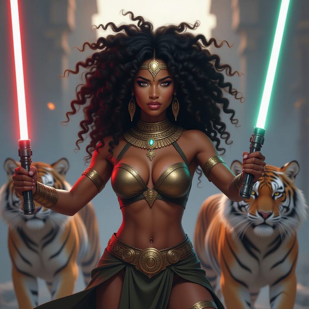 African Goddess Fights With Light Sabers Amidst Tigers