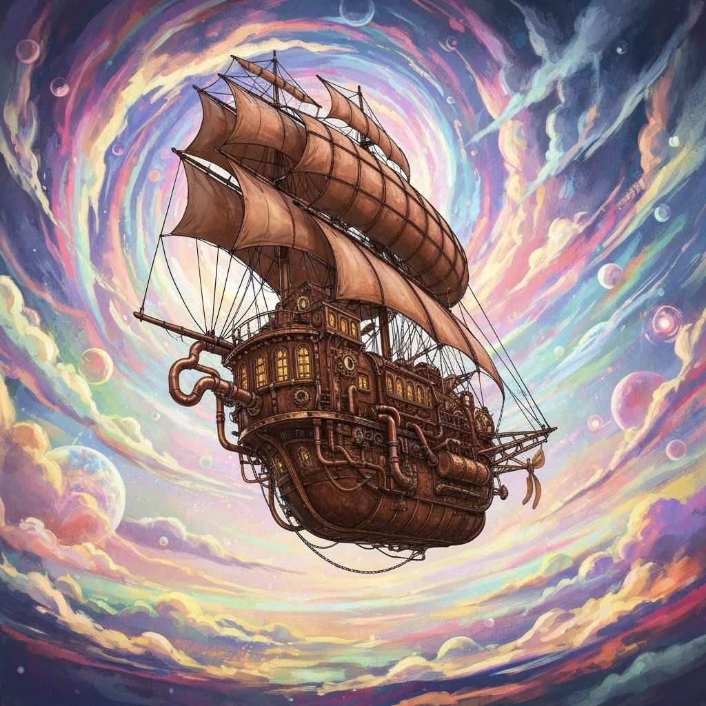 Steampunk Airship Soaring Through Iridescent Vortex