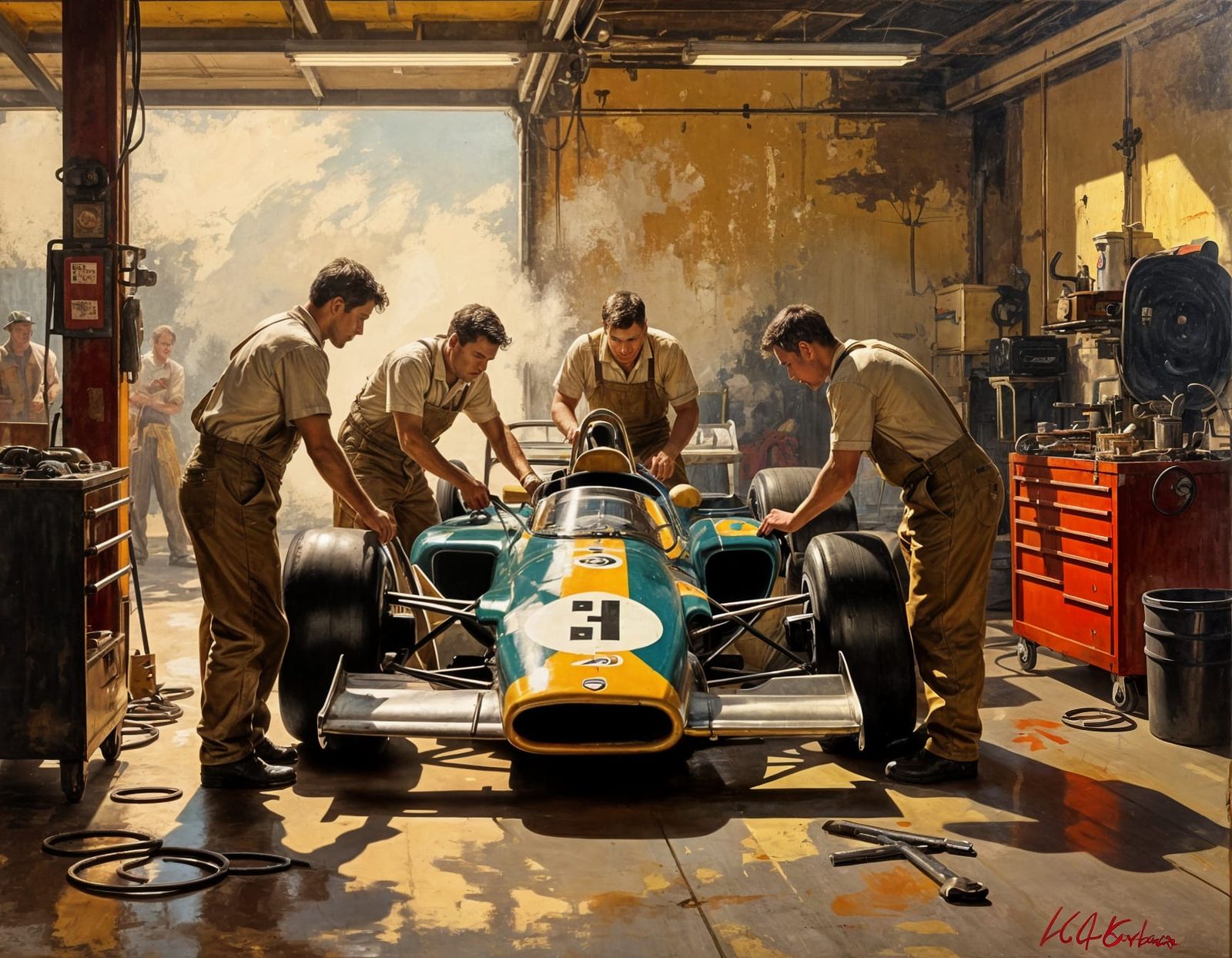 1960s Formula 1 Pit Stop Oil Painting