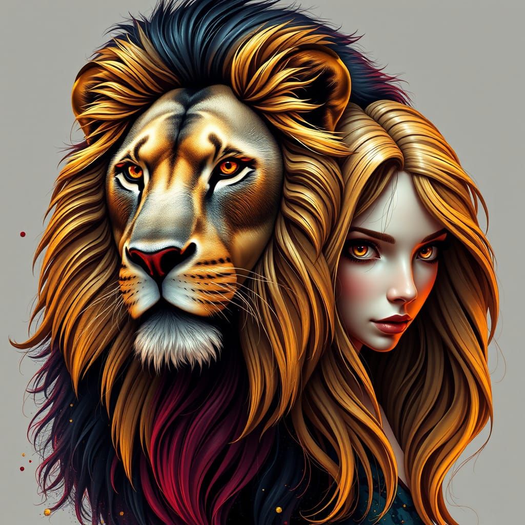 A Regal Lion Surges Forward, Embracing a Blonde Girl in a Vi...