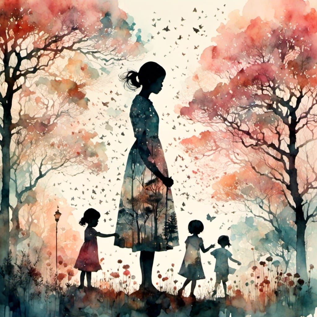 Dreamy Watercolor: Woman Silhouette with Children