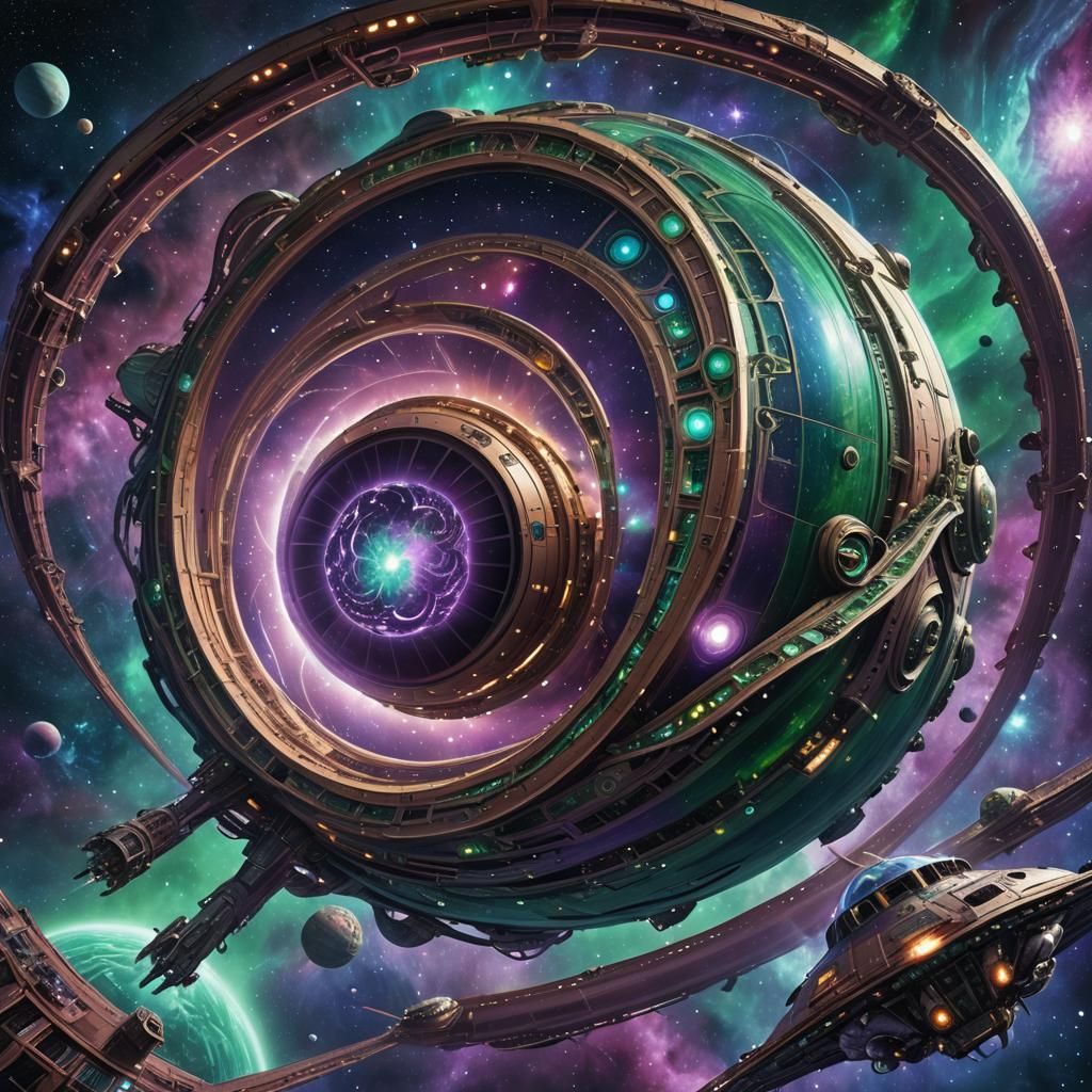 Tentacled Starship Orbits Gas Giant: Digital Art