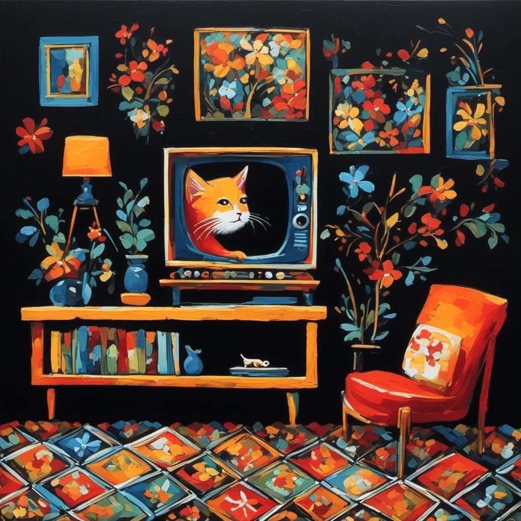 Minimalist Cat Watching TV in Flat Style