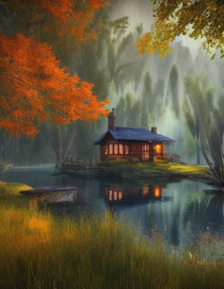 Victorian Cabin Beside Pond in Fantasy Style