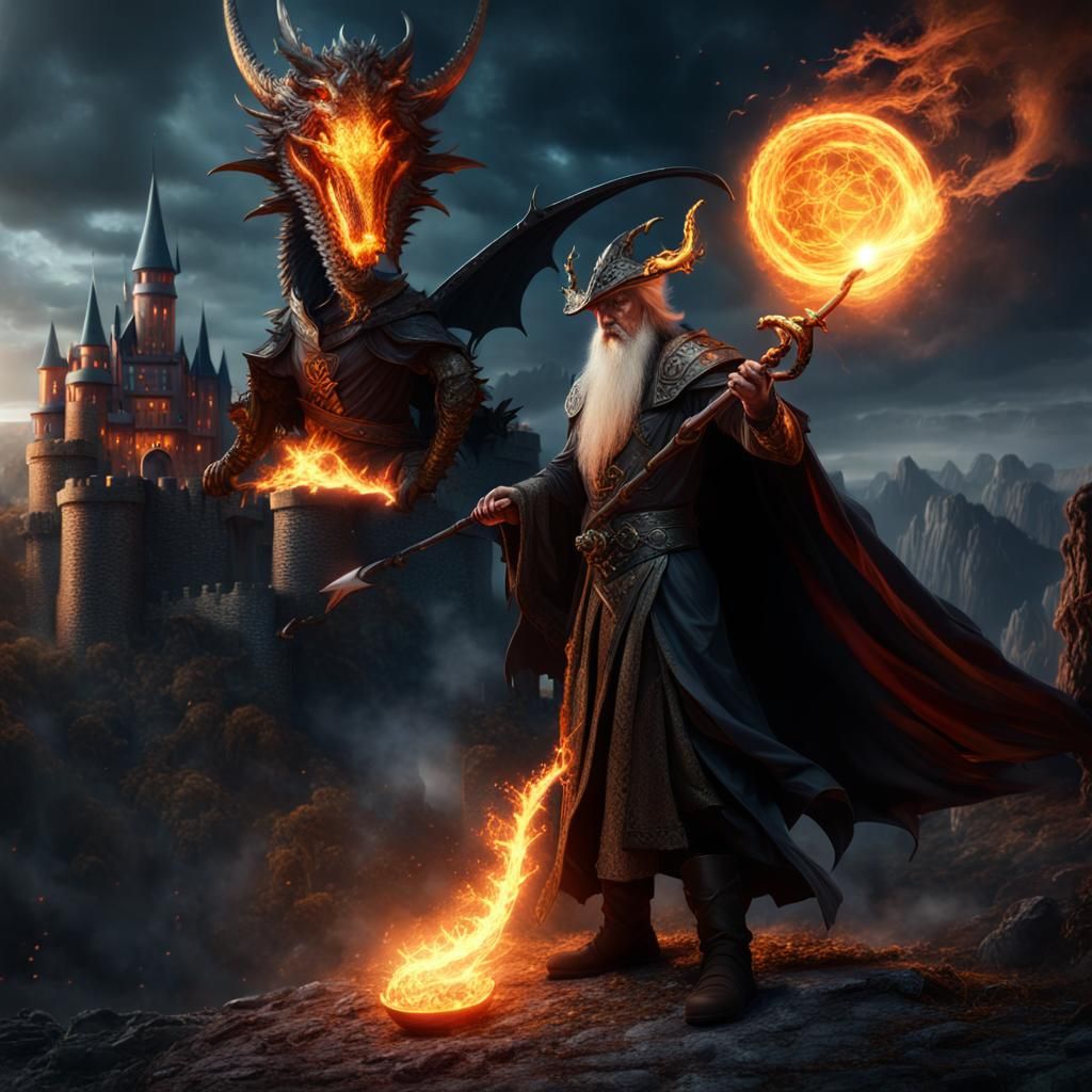 Epic Dragon and Wizard in Dark Fantasy Landscape