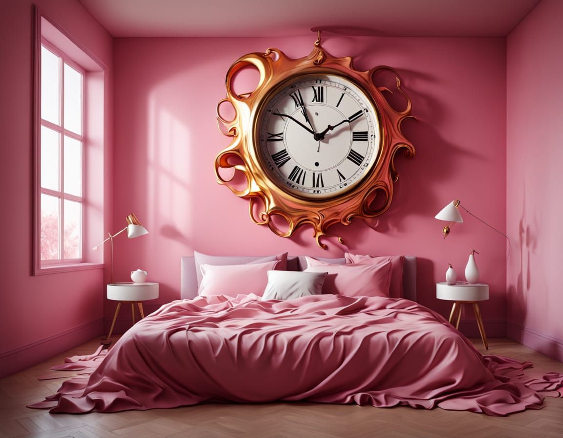 Surrealistic Pink Bedroom Scene with Melting Clock