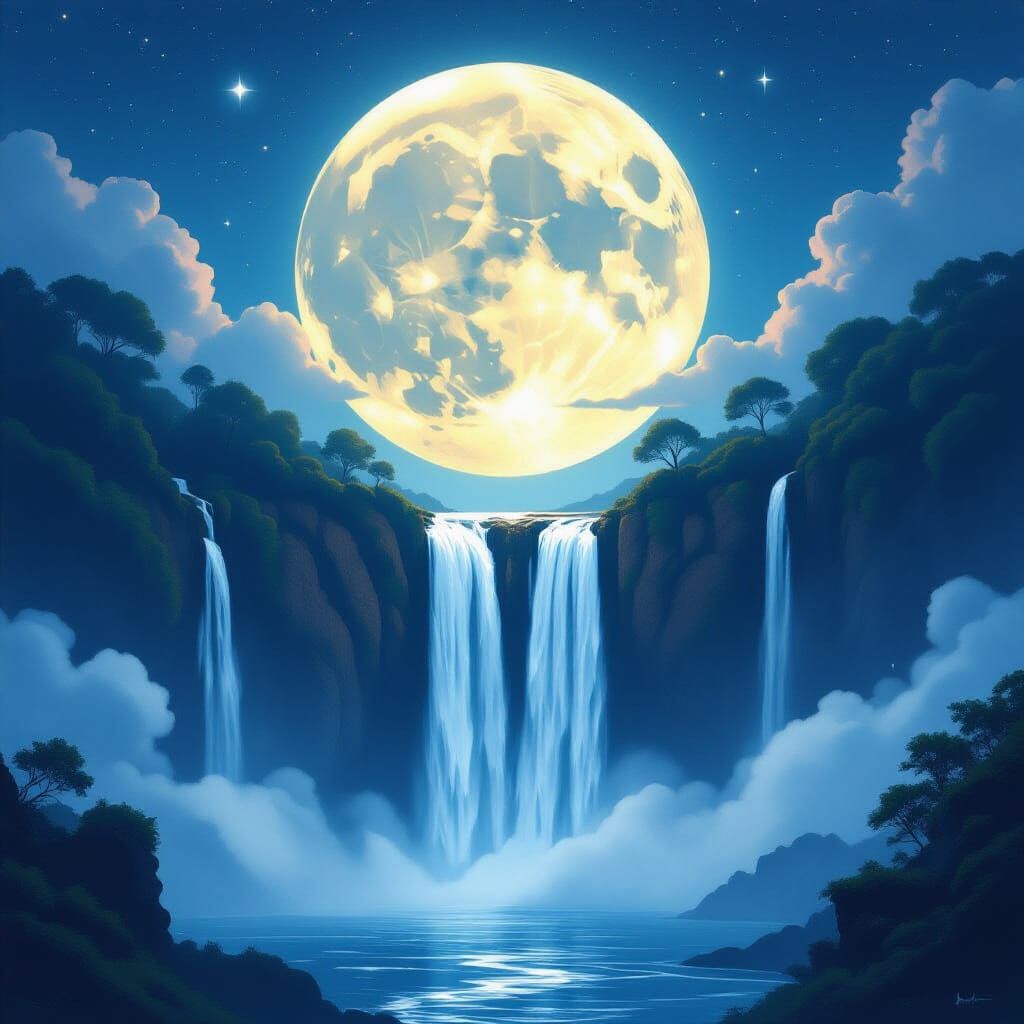 Moonlit Waterfall: A Dreamlike Digital Painting