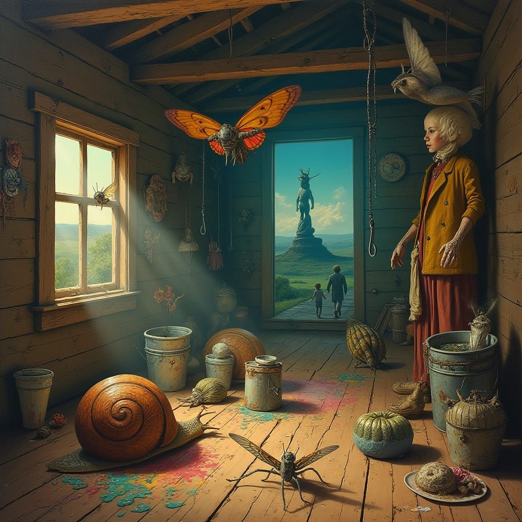 Surreal Horror in Decaying Cabin, Painterly Textures