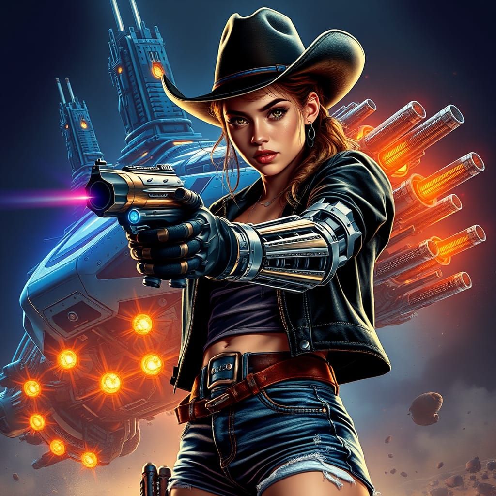 Cyberpunk Cowboy Girl in Space Western Poster