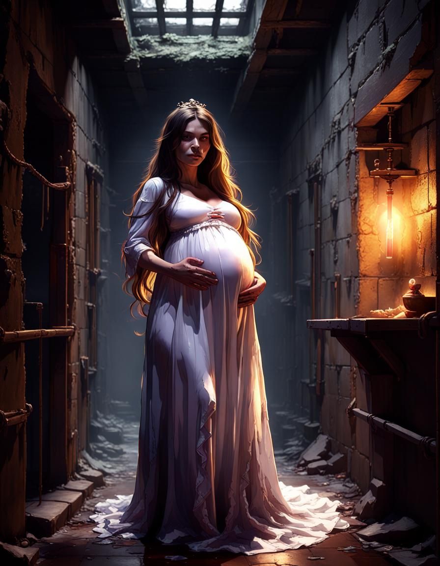 Pregnant Woman in Dungeon Cell: Dark Fantasy Art