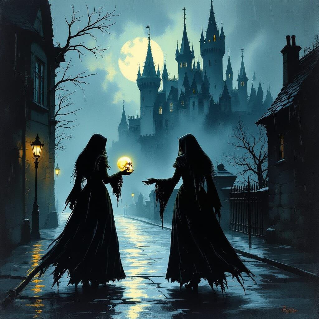 Gothic Lady with Skull on Rainy Street