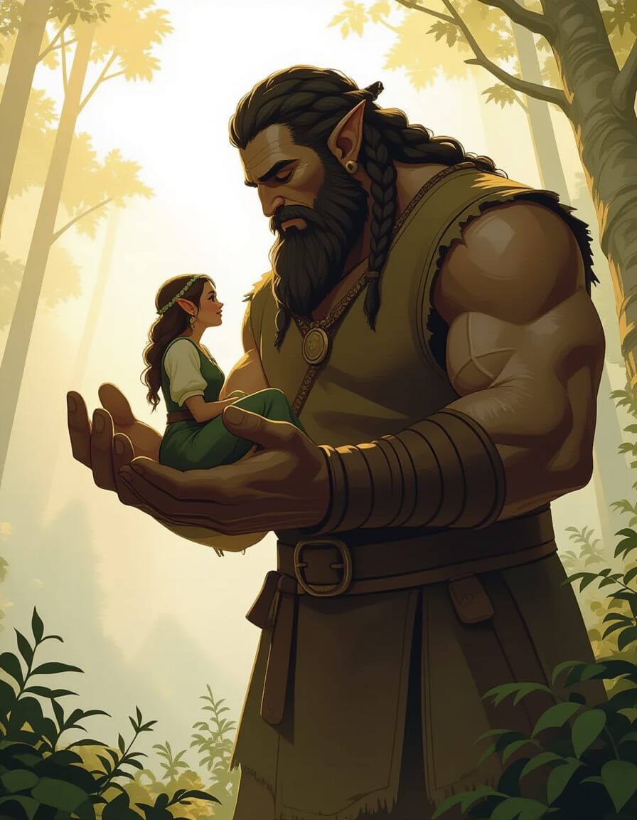 Giant Gently Holds Halfling Woman in Misty Forest